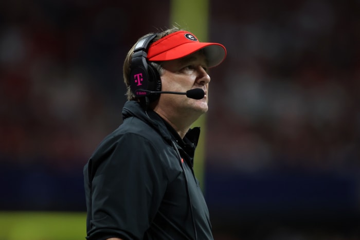 Dec 2, 2023; Atlanta, GA, USA; Georgia Bulldogs head coach Kirby Smart looks on in the third quarter against the Alabama Crimson Tide at Mercedes-Benz Stadium. Mandatory Credit: Brett Davis-USA TODAY Sports